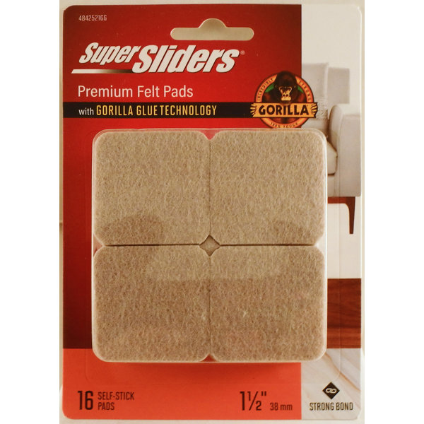 Super Sliders X Gorilla Glue 1 1/2" Square Felt Pads For Hardwood